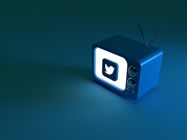 Renderização 3D de uma TV com o logotipo brilhante do Twitter