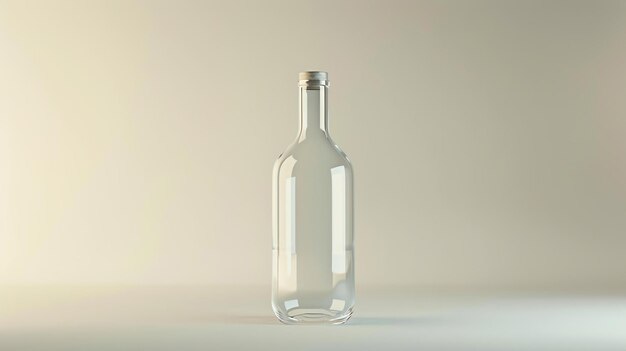 Renderização 3D de uma única garrafa de vinho de vidro transparente com uma tampa prateada A garrafa está sentada em uma superfície branca contra um fundo bege