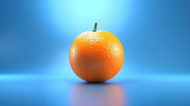 Renderização 3D de uma única laranja em um fundo azul A laranja é fotorrealista e tem uma superfície ligeiramente irregular