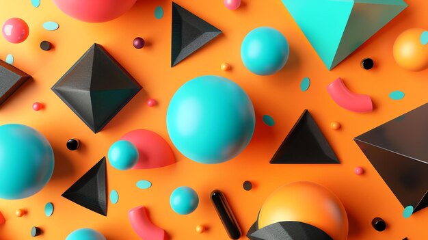 Foto renderização 3d de uma variedade de formas geométricas em cores brilhantes em um fundo laranja as formas incluem esferas, cubos, pirâmides e cilindros