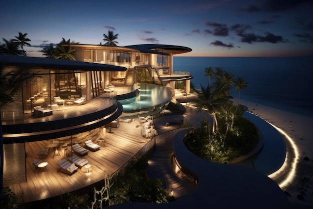 Renderização 3D de uma villa de luxo na praia à noite Resort de praia de luxo Gerado por IA