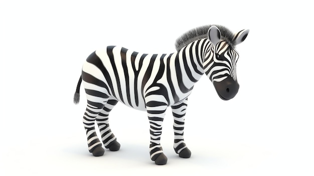 Renderização 3D de uma zebra de desenho animado A zebra tem listras pretas e brancas uma cauda longa e uma crina Está de pé sobre um fundo branco