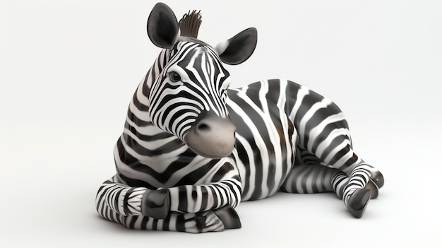 Foto renderização 3d de uma zebra de desenho animado deitada e olhando para a câmera com uma expressão curiosa