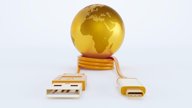 Renderização 3D de usb dourado tipo c com terra 3D dourada em cabo usb de fundo branco no mapa branco da áfrica