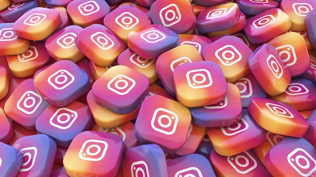 Renderização 3D de vários emblemas quadrados do Instagram em uma visualização de perto