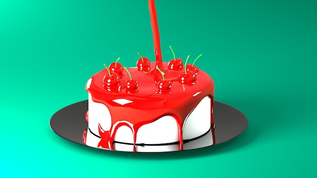 Foto renderização 3d derramando molho de morango sobre bolo de aniversário de queijo