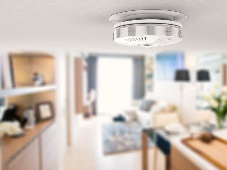Foto renderização 3d detector de fumaça no teto