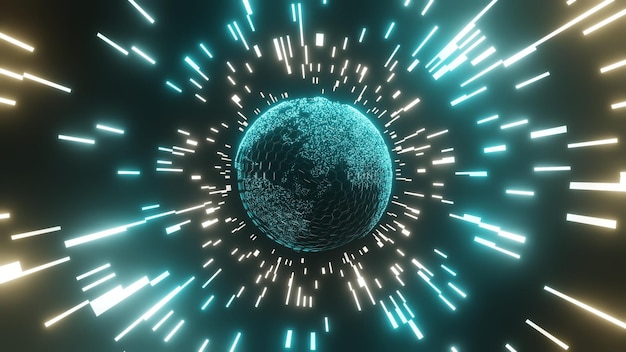 Renderização 3D Digital planeta Malha hexagonal brilhante azul
