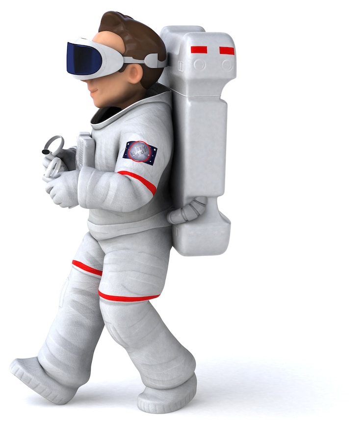 Foto renderização 3d divertida de um astronauta com um capacete de realidade virtual
