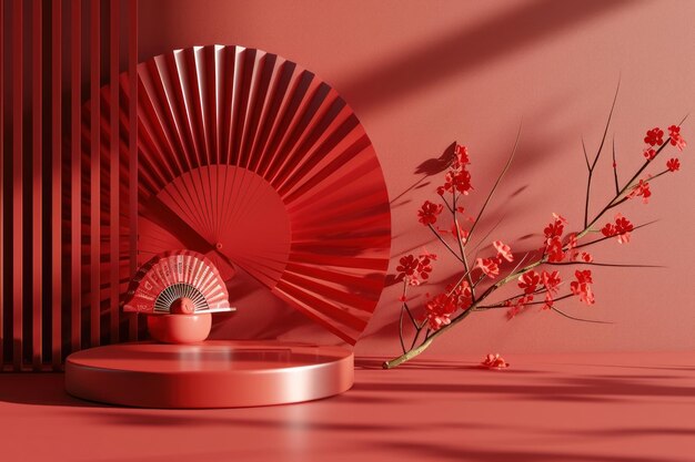Renderização 3D do Ano Novo Chinês Modelo de exibição de pódio vermelho em fundo abstrato vermelho
