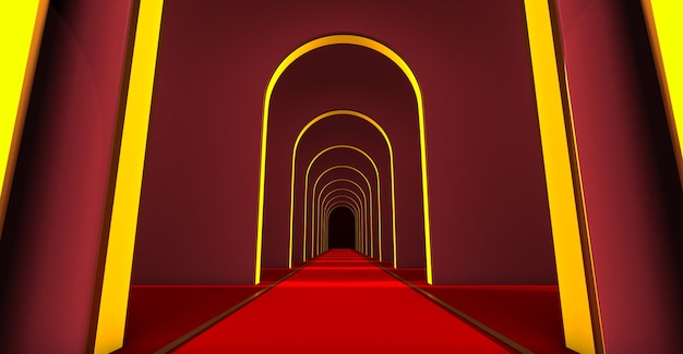 Renderização 3D do arco da passarela com tapete vermelho