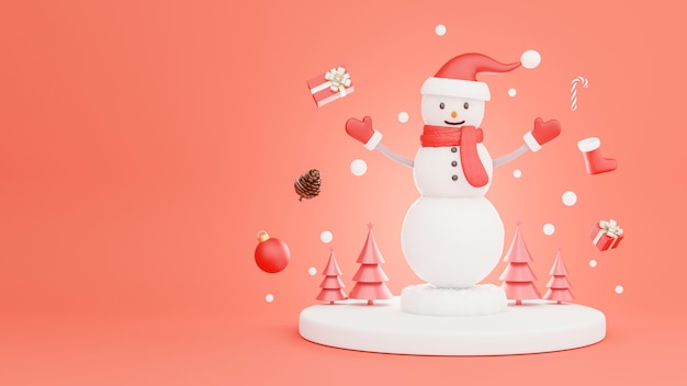 Renderização 3D do boneco de neve na temporada de inverno com decoração