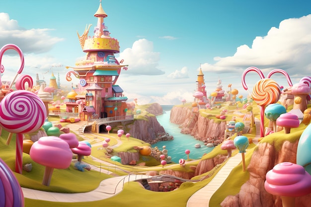 Renderização 3D do castelo na fantástica e colorida Candyland