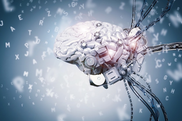 Renderização 3D do cérebro do robô aprendendo sobre fundo azul