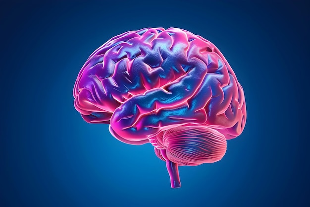 Renderização 3D do cérebro humano brilhando em cores vibrantes em fundo azul