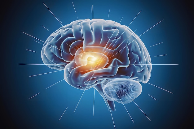 Renderização 3D do cérebro humano em fundo azul com raios-X