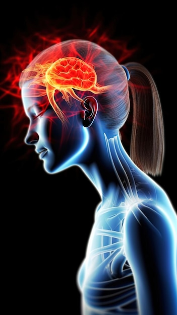 Renderização 3D do cérebro humano em fundo azul escuro estilo raio-x