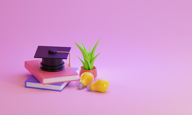 Foto renderização 3d do chapéu de formatura e livro mínimo e planta na cor pastel rosa e roxa