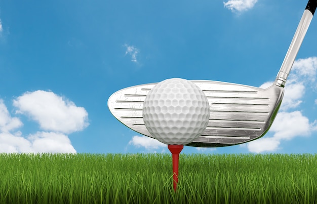 Foto renderização 3d do clube de golfe com bola de golfe no tee