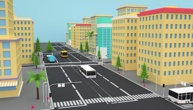 Renderização 3D do conceito de negócio de edifício de apartamentos em cidade isométrica