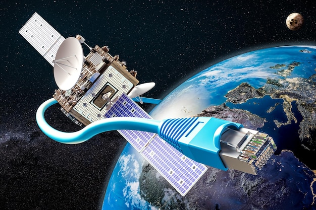 Renderização 3D do conceito de serviço global de Internet por satélite