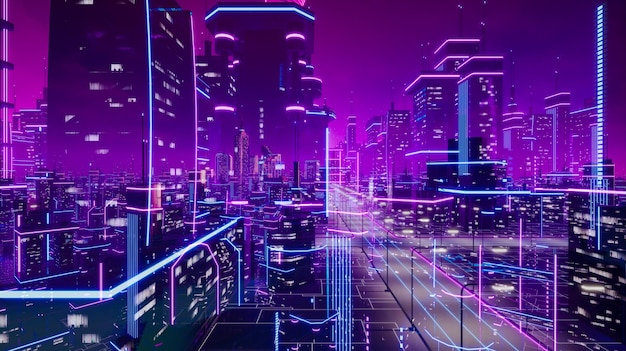 Renderização 3d do conceito metaverso da cidade e do cyberpunk