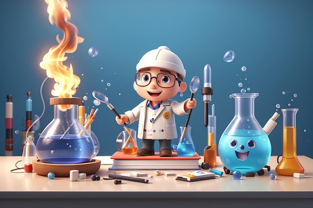 Renderização 3D do conjunto de itens científicos processo de queima de laboratório de volta às aulas elemento bonito no fundo 3d render ilustração estilo desenho animado