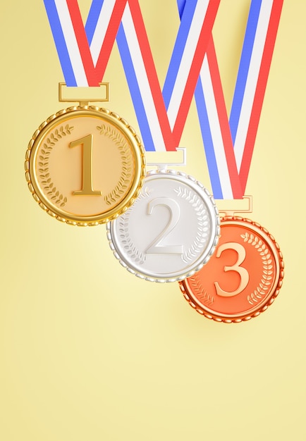 Renderização 3d do conjunto medalha de bronze de prata dourada, prêmios de campeão