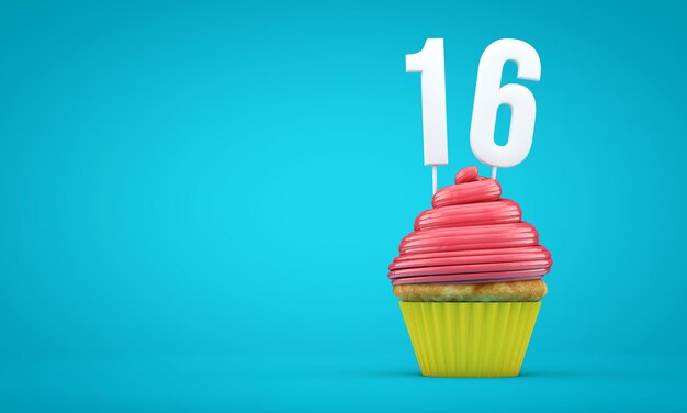 Renderização 3D do cupcake da celebração do aniversário do número 16