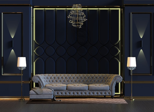 Renderização 3D do design da sala de estar com lâmpada e painel acolchoado na parede