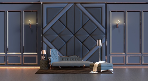 Renderização 3D do design da sala de estar com lâmpada e painel acolchoado na parede