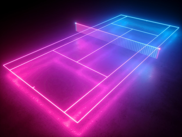 Renderização 3D do esquema da quadra de tênis de néon com vista em perspectiva do playground virtual de esporte