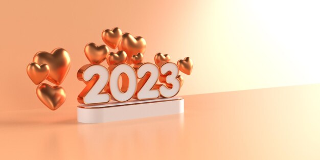 Renderização 3D do estilo de ouro de cor de ano novo de 2023 com elementos de amor