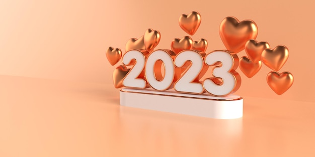 Renderização 3D do estilo de ouro de cor de ano novo de 2023 com elementos de amor