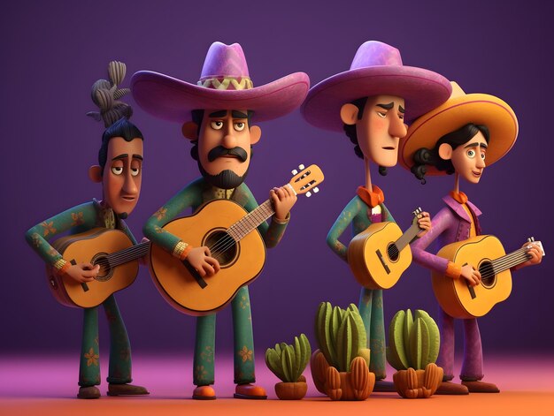 Renderização 3D do feriado mexicano de Cinco de Mayo de cantores Mariachi usando sombrero AI gerado