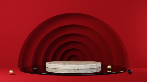 Renderização 3D do fundo vermelho do pódio para os produtos de apresentação.