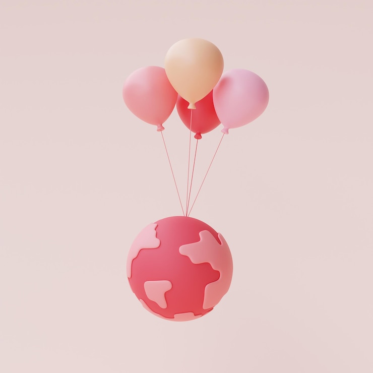 Foto renderização 3d do globo rosa com balões flutuando isolado em fundo pastel, conceito de venda de dia dos namorados, estilo mínimo.