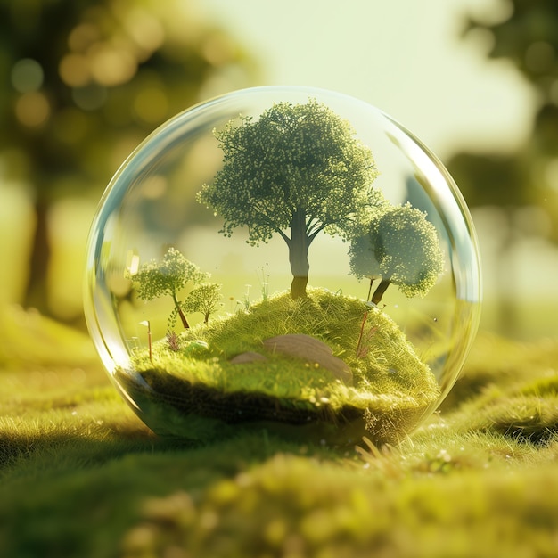 Foto renderização 3d do globo terrestre com árvores verdes dentro de uma esfera de vidro conceito de dia mundial da saúde