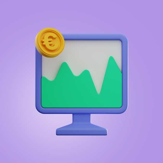 Renderização 3d do ícone da finança do dinheiro do gráfico da moeda do computador no fundo isolado