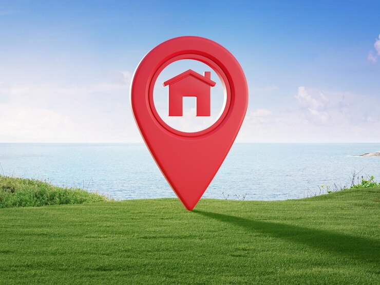 Foto renderização 3d do ícone de pino do mapa ponteiro de localização vermelho simples com símbolo de casa