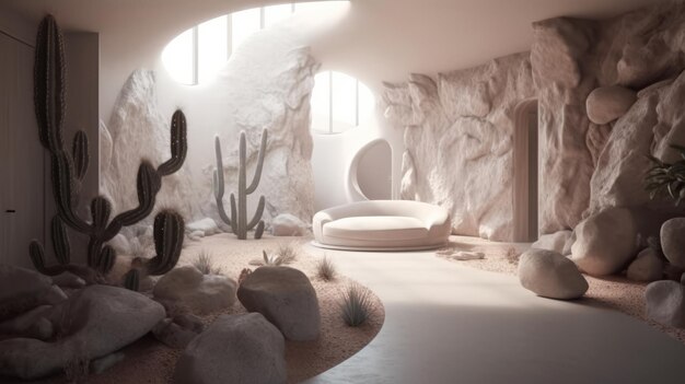 Renderização 3D do interior da casa com cactos e pedras grandes