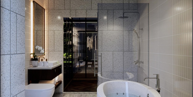 Foto renderização 3d do interior da casa de banho moderna