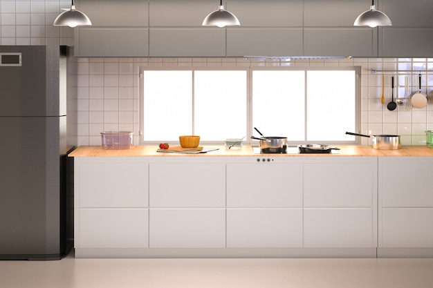 Renderização 3D do interior da cozinha com armários e geladeira