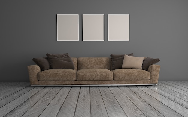 Renderização 3D do Interior da moderna sala de estar com sofá - sofá e mesa
