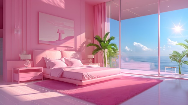 Renderização 3D do interior da sala de estar moderna com sofá e travesseiros cor-de-rosa