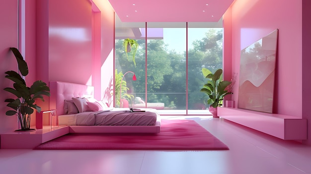 Renderização 3D do interior da sala de estar moderna com sofá e travesseiros cor-de-rosa