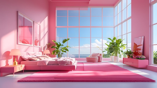 Renderização 3D do interior da sala de estar moderna com sofá e travesseiros cor-de-rosa