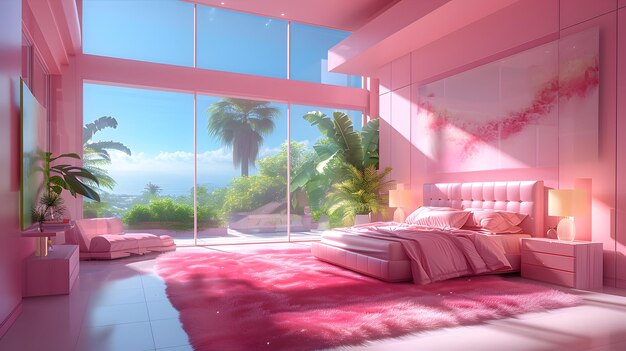 Renderização 3D do interior da sala de estar moderna com sofá e travesseiros cor-de-rosa