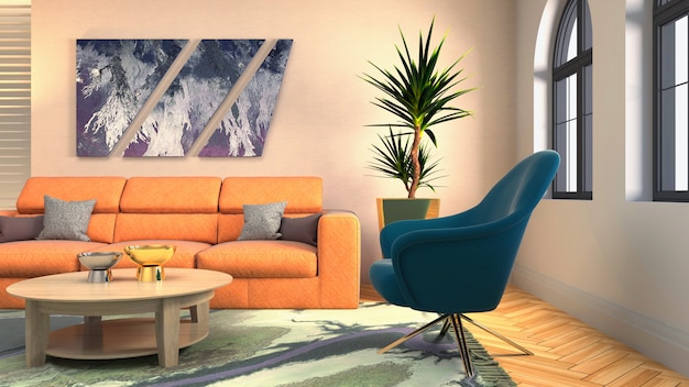 Renderização 3D do interior da sala de estar