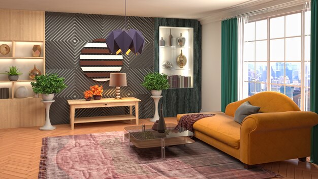 Renderização 3D do interior da sala de estar
